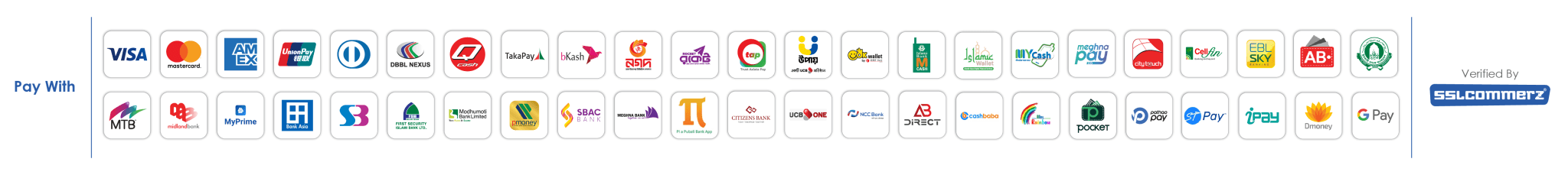 Pay with Visa, Mastercard, American Express, UnionPay, bKash, Nagad, Rocket, Upay, and the mobile banking and card services of the major Bangladeshi banks. Verified by SSLCommerz.